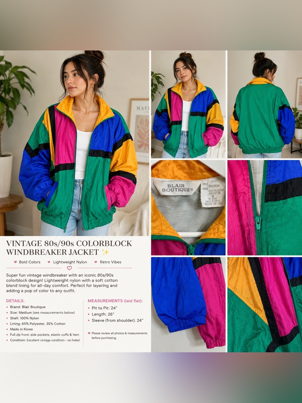 Colorblock Retro Zip-Up Windbreaker Jacket - Green, Blue, Pink, Yellow